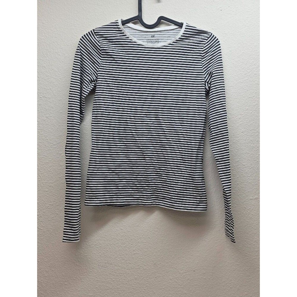 H&M Boys Size 12/14 Long Sleeve Shirt Blue White Striped Cotton Tee